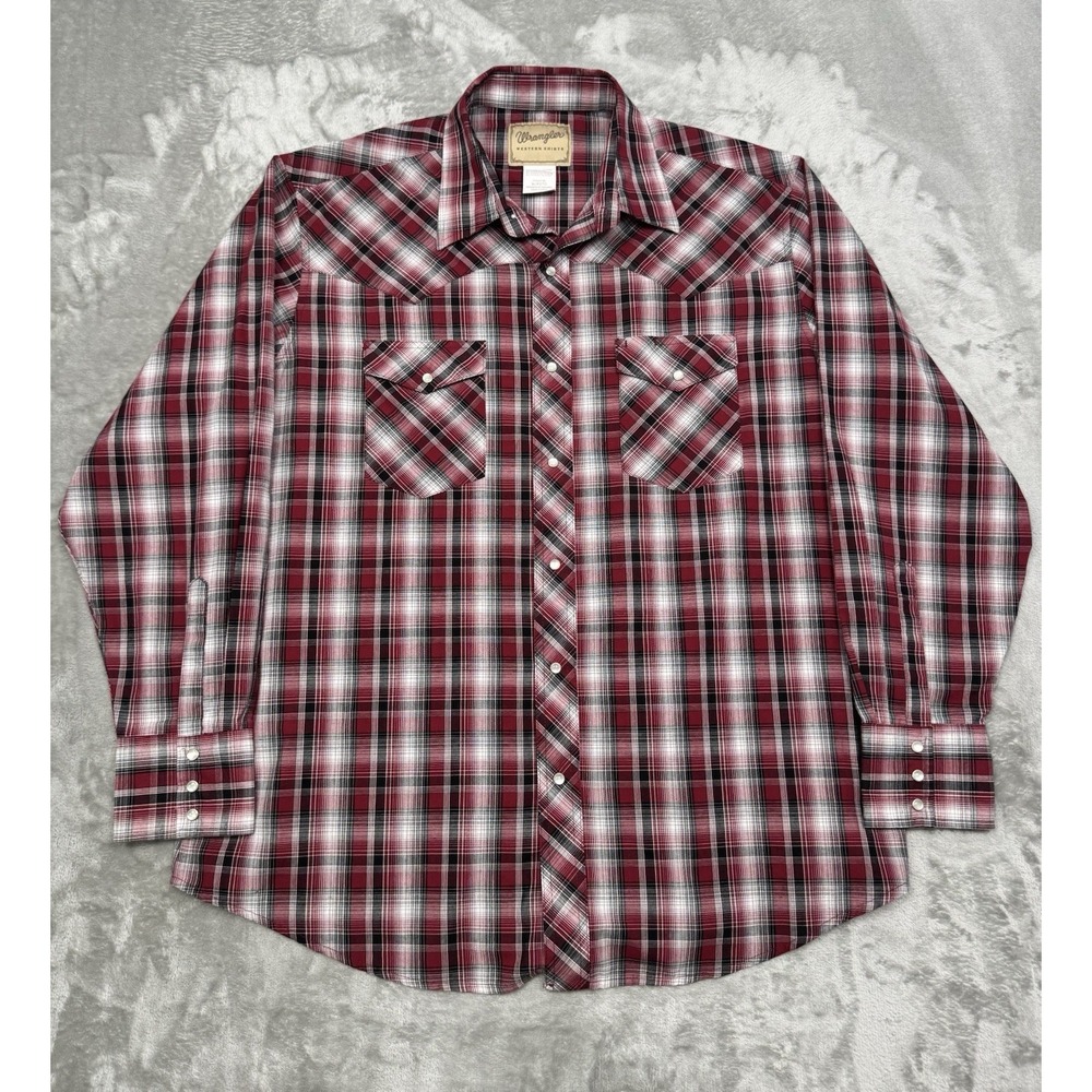Vintage Wrangler Pearl Snap Shirt Mens XL Red Black Plaid Western Cowboy 90s Y2K